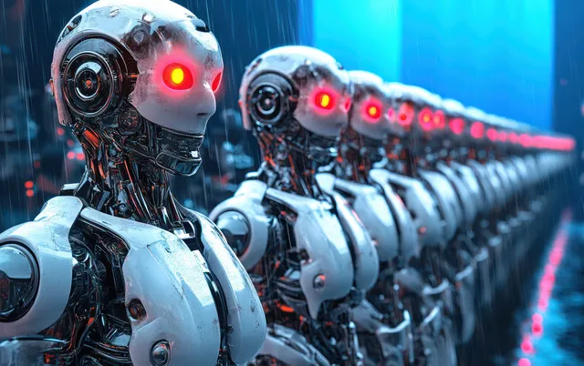 A row of chrome humanoid robots moves forward as red LED targeting lights glow in a neon cyberpunk corridor.
