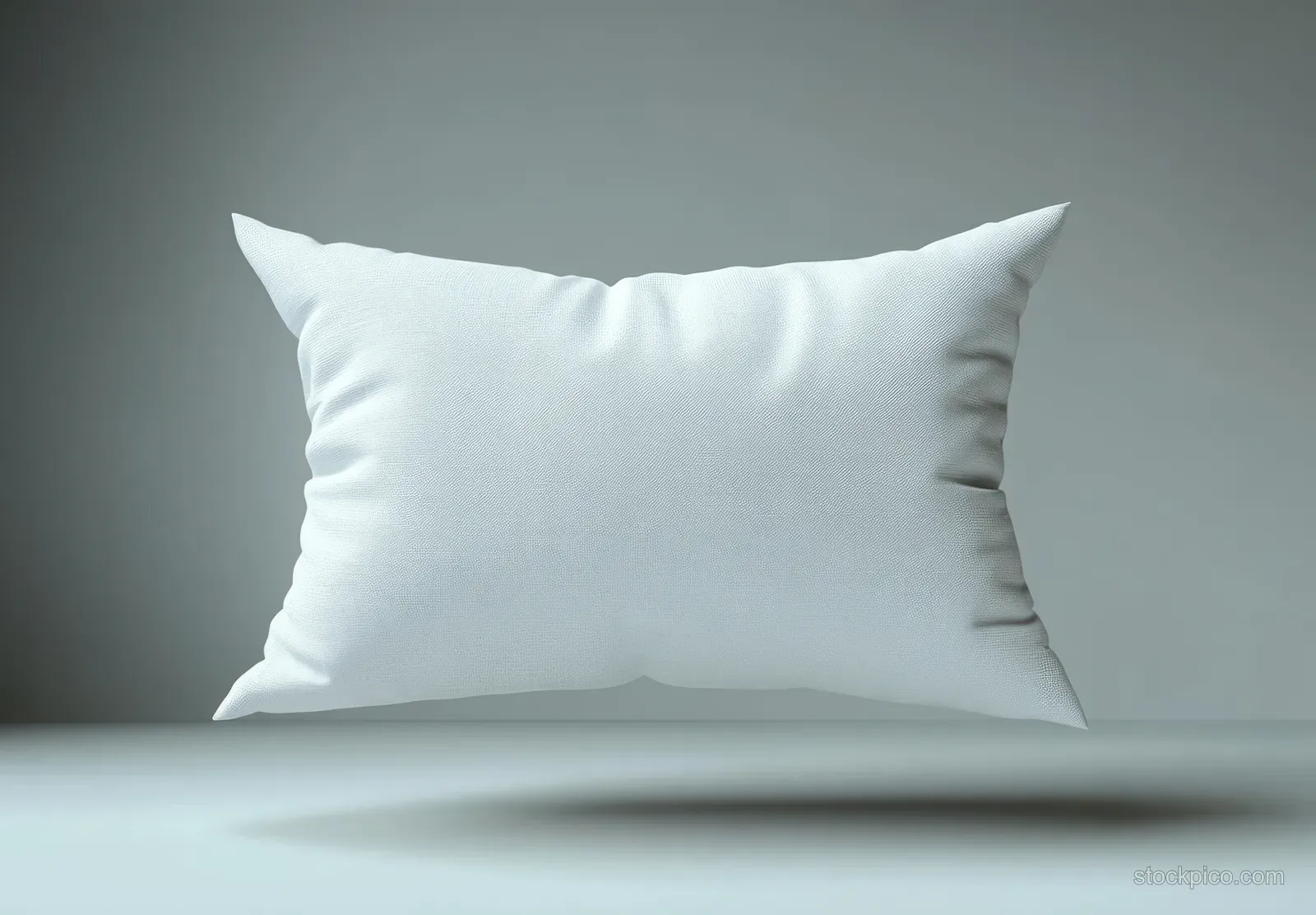 A white cotton pillow floats above a minimalist gray surface with soft shadows.