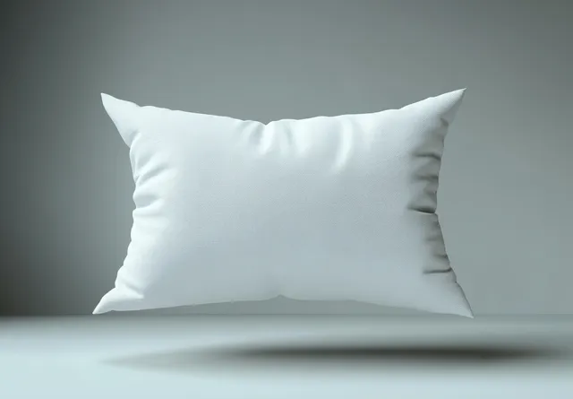 White cotton pillow floating above minimalist gray surface with soft shadows