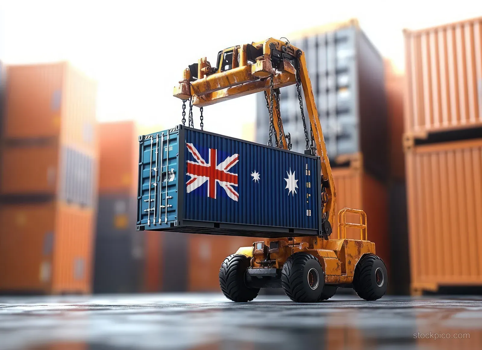 A yellow forklift lifts a blue shipping container with an Australian flag in a yard of stacked freight containers.