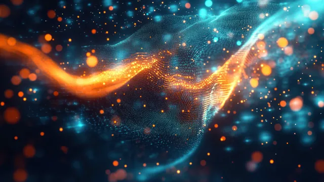 Glowing orange and blue particle wave mesh flowing through a dark digital space