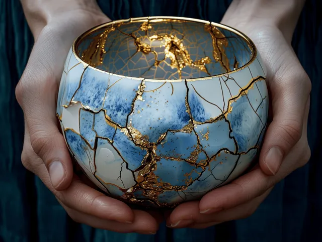 Hands hold a blue and white porcelain bowl whose cracks are mended with gold kintsugi lines.