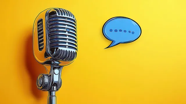 Retro silver microphone on a stand with a blue speech bubble containing ellipsis on a bright yellow background.
