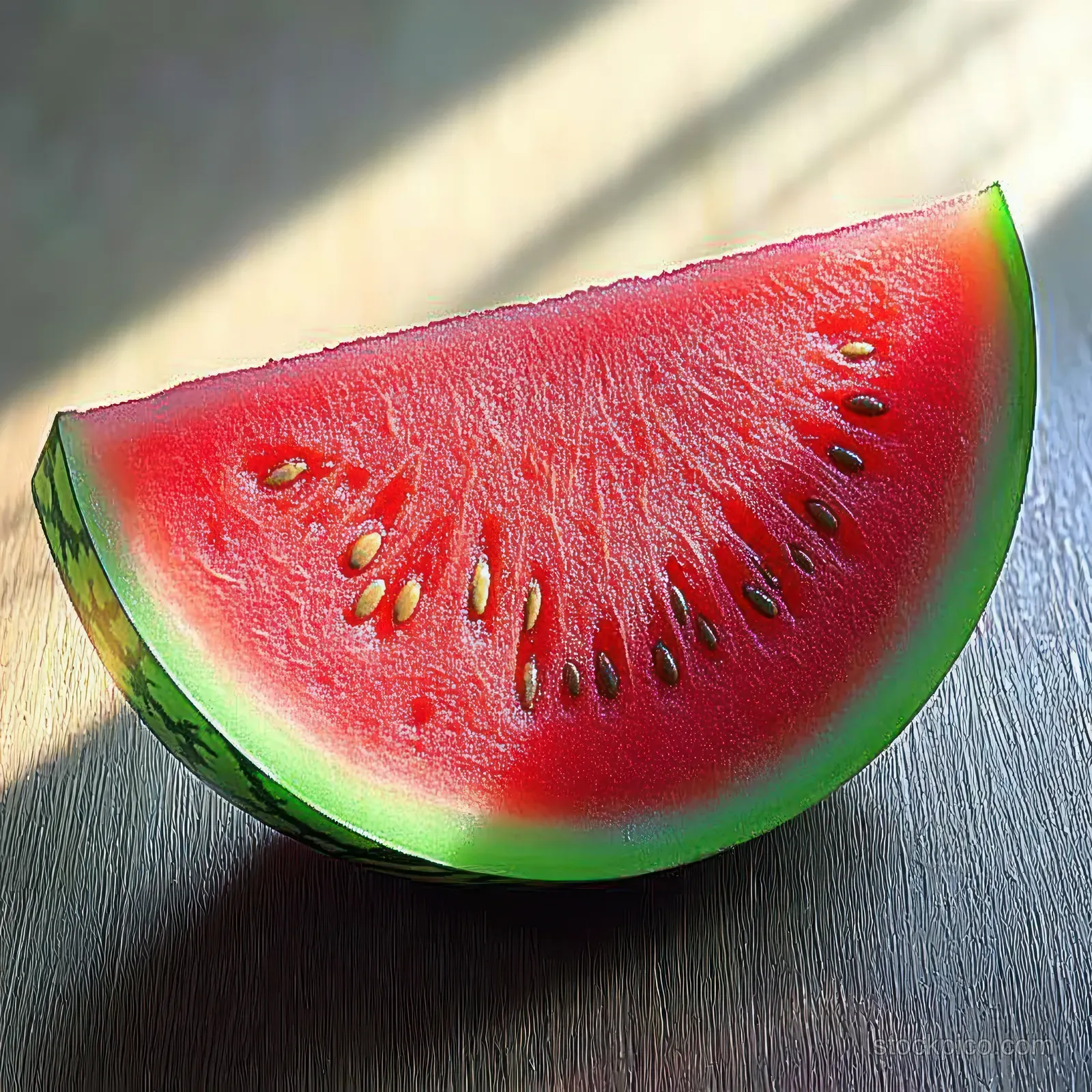 Close-up of a red watermelon slice with visible seeds resting on a wooden surface.