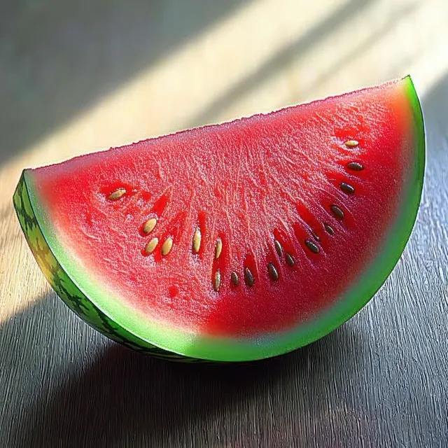 Close-up of a red watermelon slice with seeds on a wooden board