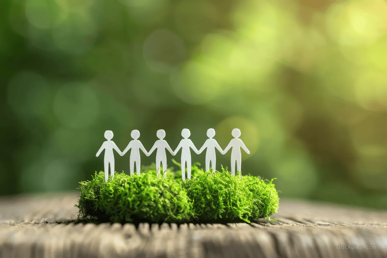 Paper cutout people holding hands around a mossy green globe outdoors.