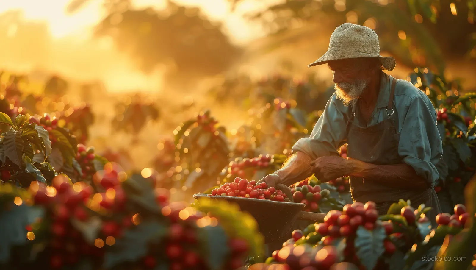 Elderly coffee picker in a hat harvesting red-brown coffee cherries among plants at sunrise with misty light.
