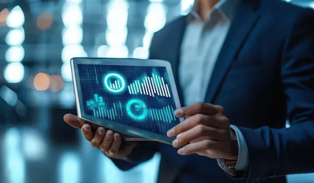 Analyst reviews holographic business charts on tablet in blue-lit office