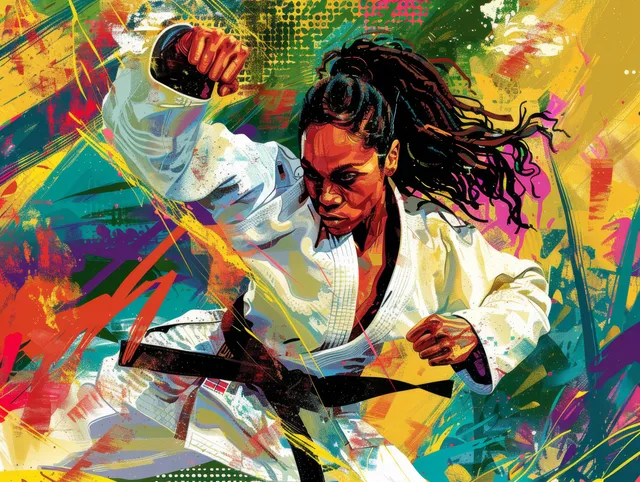 A Brazilian judoka performs a judo throw in a vivid abstract, graffiti-like background with energetic motion.