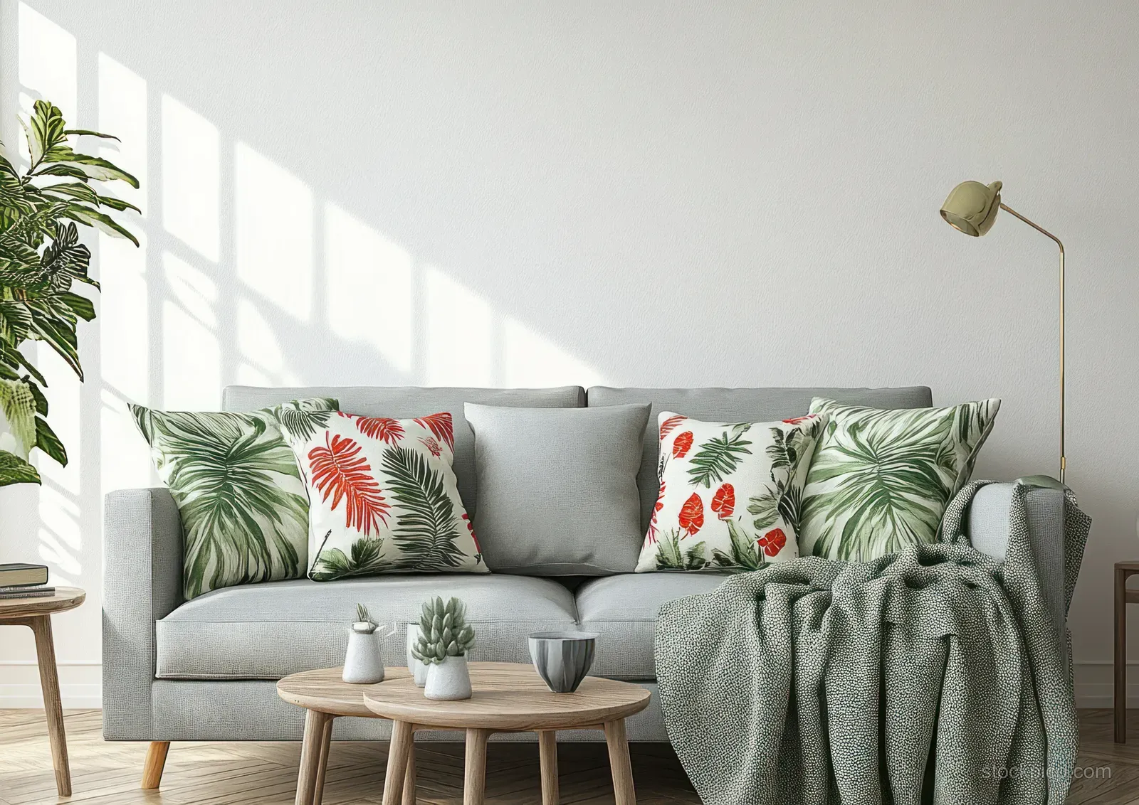 Gray sofa with tropical leaf pillows and a soft green blanket in a bright minimalist living room.