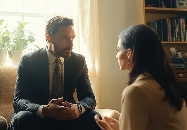 A man and woman sit across from each other in a sunlit office, talking with bookshelves behind them.