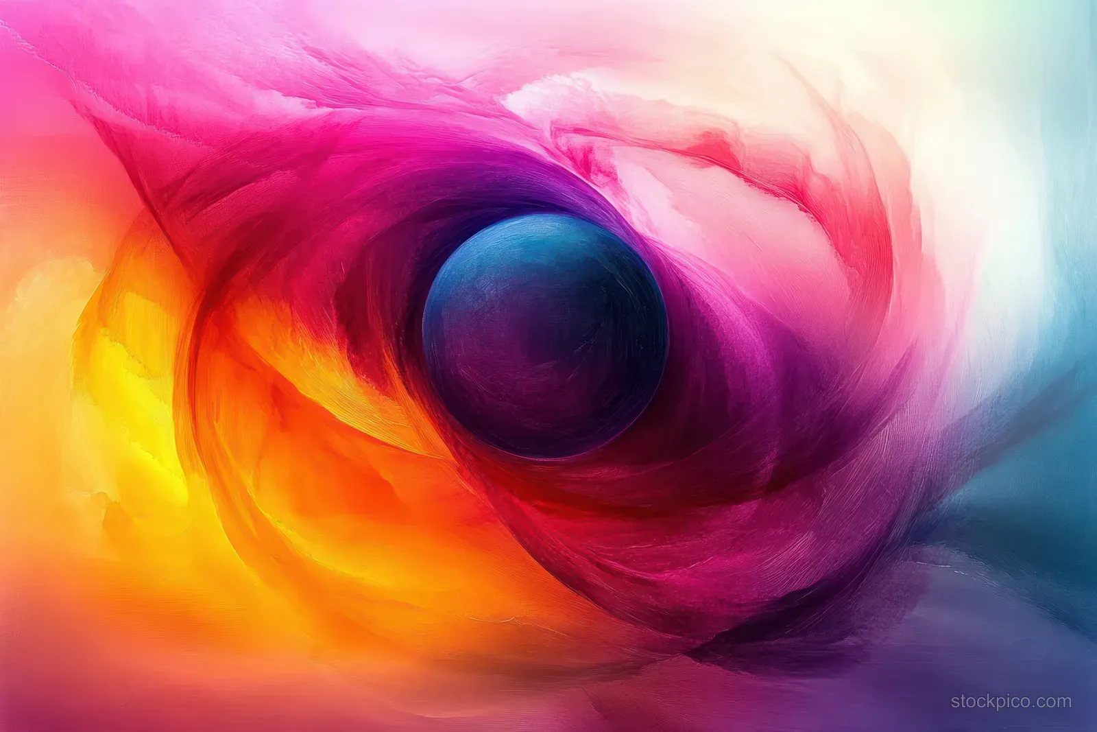 A swirling vortex of vibrant magenta, orange, and blue waves wraps around a dark central sphere.