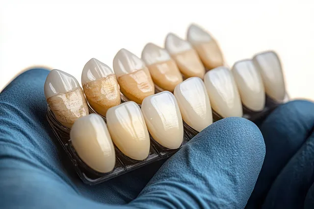 Blue-gloved hand holds a dental shade guide showing natural and stained tooth color tabs.