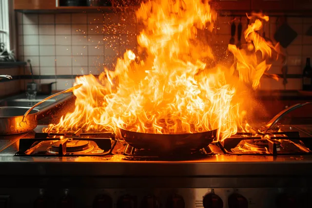 Las llamas envuelven una cocina y una sartén en llamas, elevándose en una alarmante escena de incendio en la cocina.