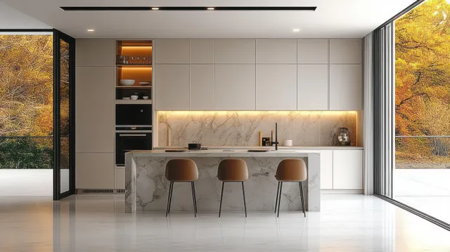 Sunlit minimalist Scandinavian kitchen interior with marble backsplash, three bar stools, and white cabinetry near large windows.