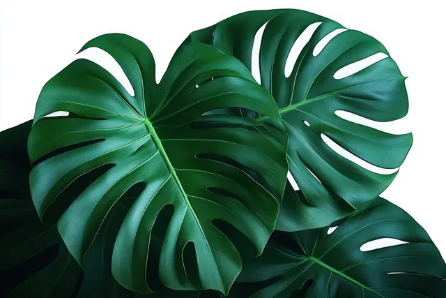 Close-up three green monstera leaves with deep splits on white studio background with Botanical Illustration Style