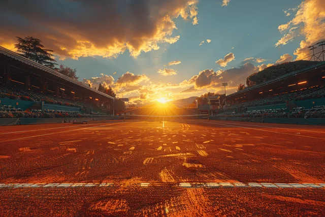 Empty clay tennis court under a glowing sunset with grandstands and a dramatic sky.