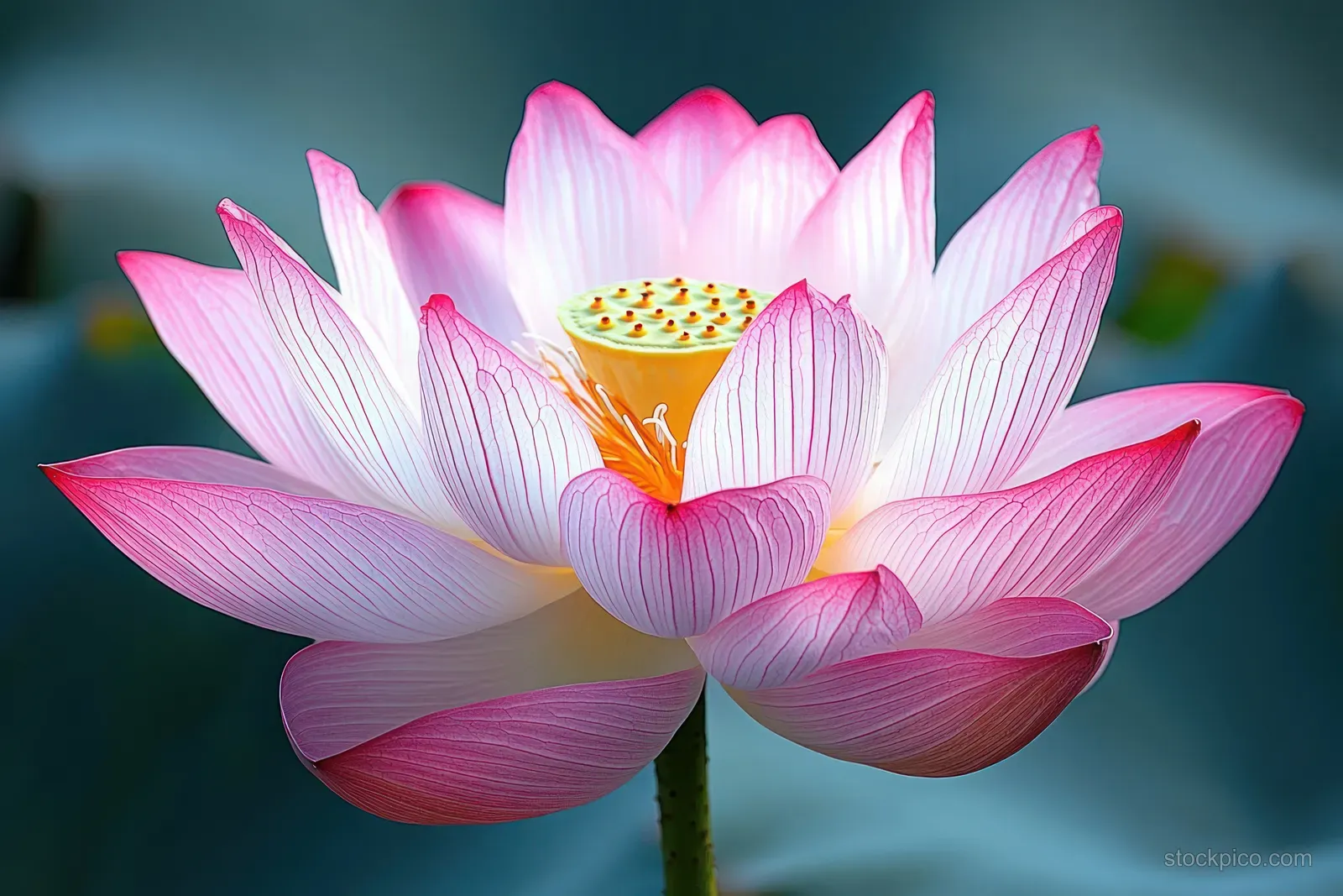Pink and white lotus flower blooms with detailed petals and a seed pod against a muted blue-green background.