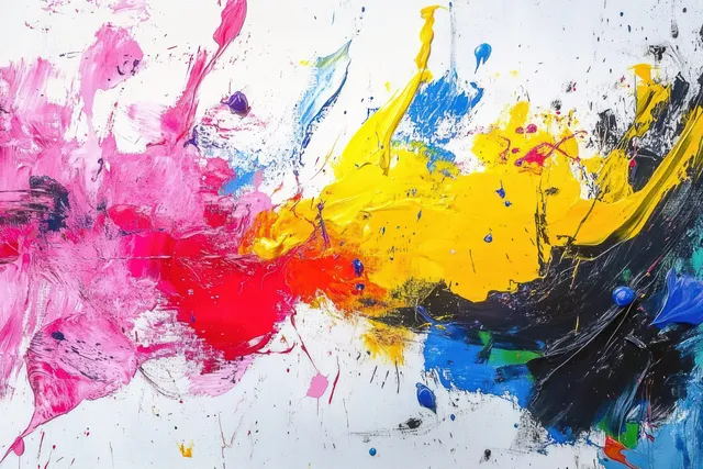 Colorful messy paint splashes on white canvas with bold brushstrokes and droplets