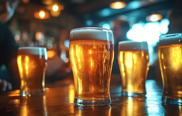 Golden beer pints with foam on a wooden pub table beside blurred bar lights.