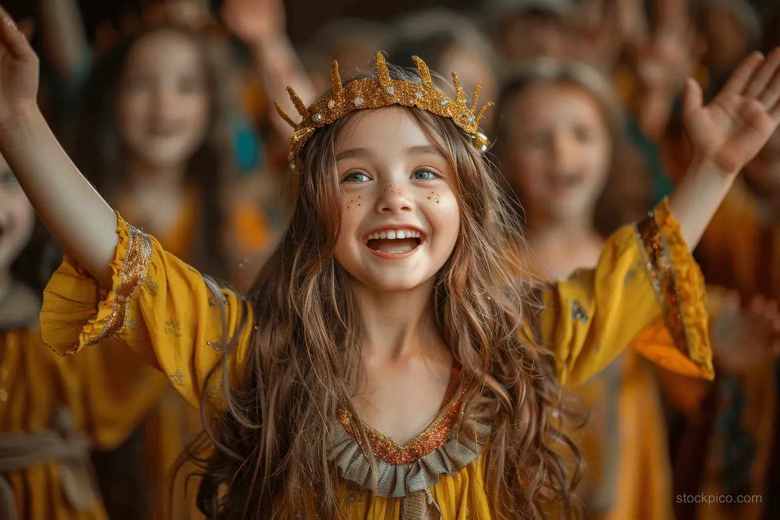 A smiling girl in a Christmas costume sings on stage as the audience claps behind her.