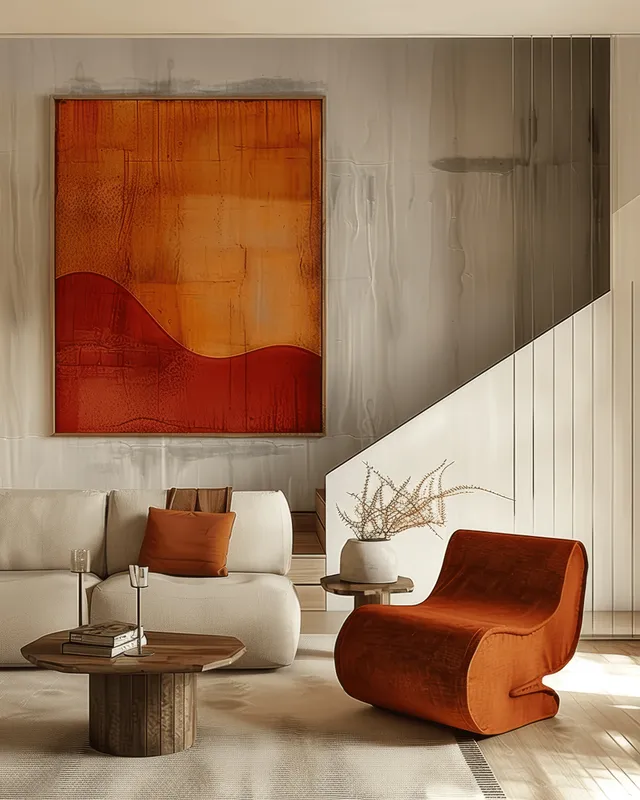 Orange accent chair and sofa in a warm minimalist living room with wall art and a staircase in view.