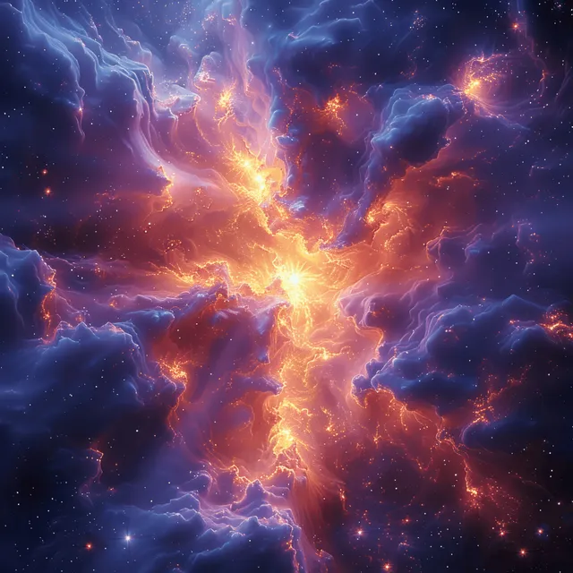 发光的超新星爆发照亮了旋涡状的紫色和橙色星云，并点缀着散落闪烁的星星。