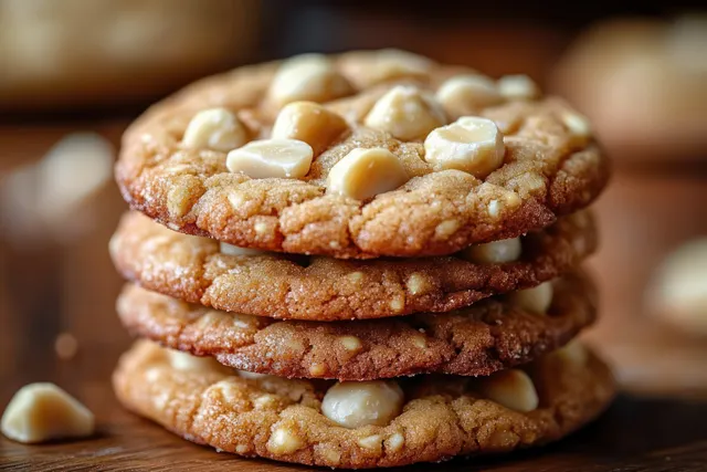 A close-up stack of freshly baked cookies topped with white chocolate and macadamia nuts on a wooden surface.
