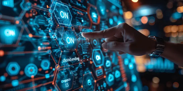Hand toggling glowing onboarding icons on digital network display