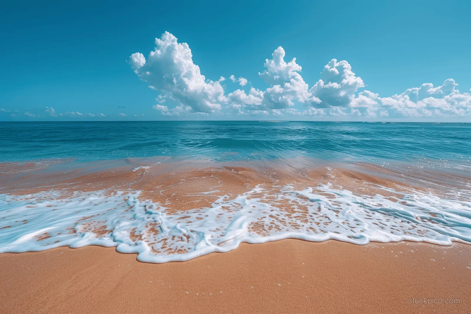 Gentle waves wash onto a golden sand beach beneath a blue sky with white clouds.