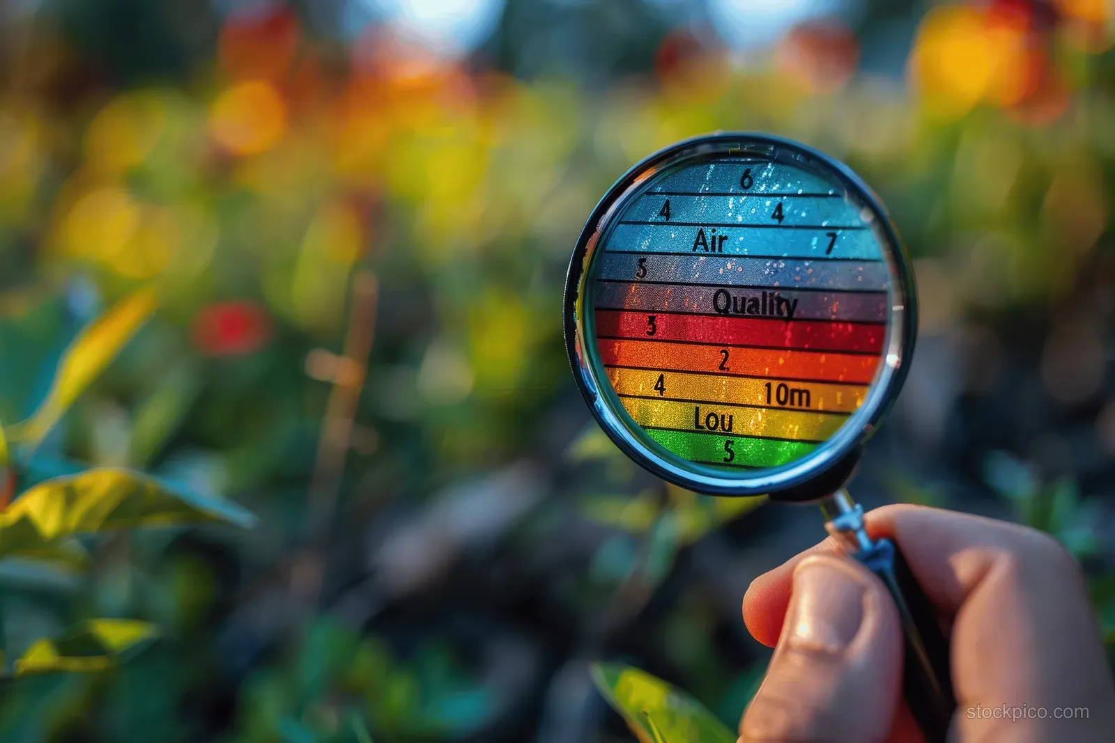 A hand holds a magnifying glass showing air quality levels in a colorful garden.