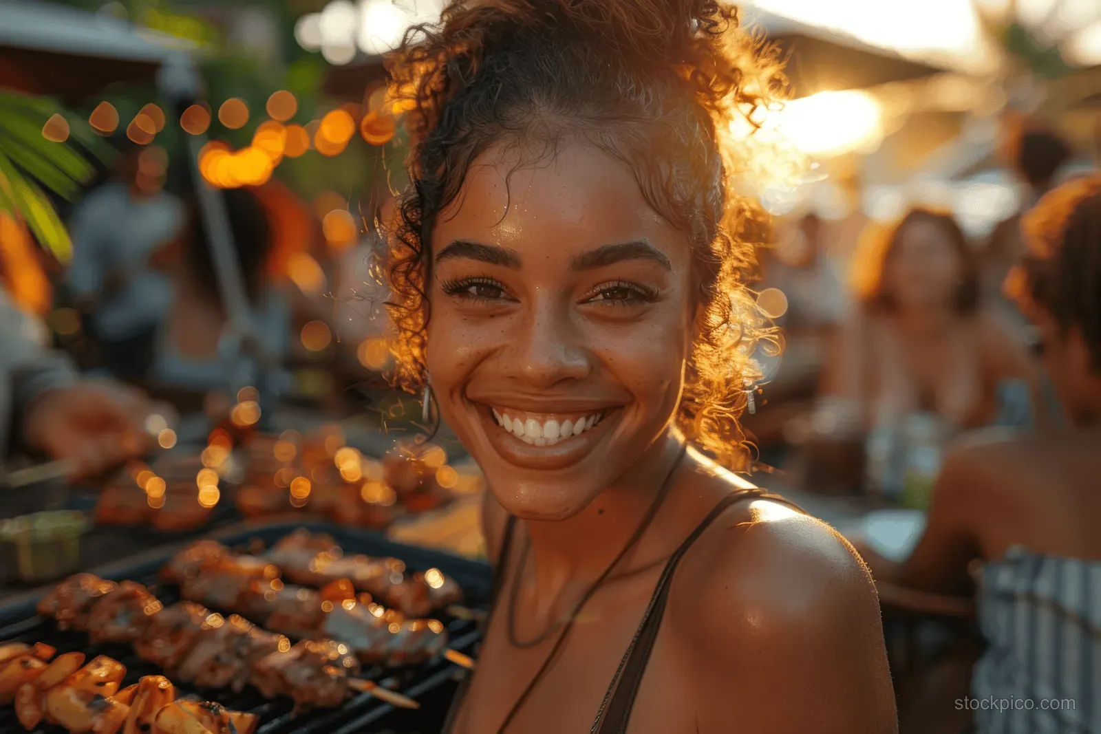 Smiling woman grilling burgers outdoors while friends gather around in warm summer sunlight.