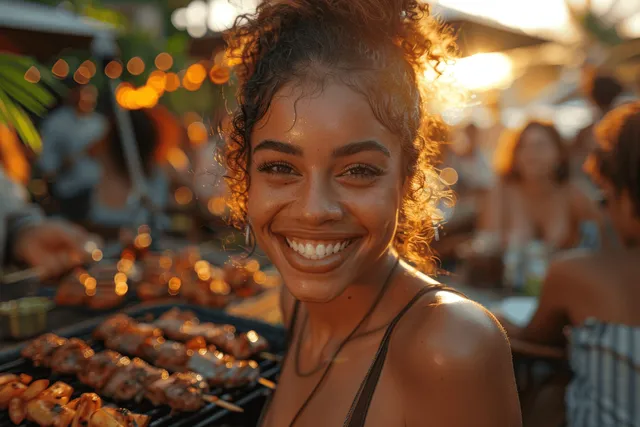 Smiling woman grilling burgers at a backyard summer barbecue with friends in warm sunlight