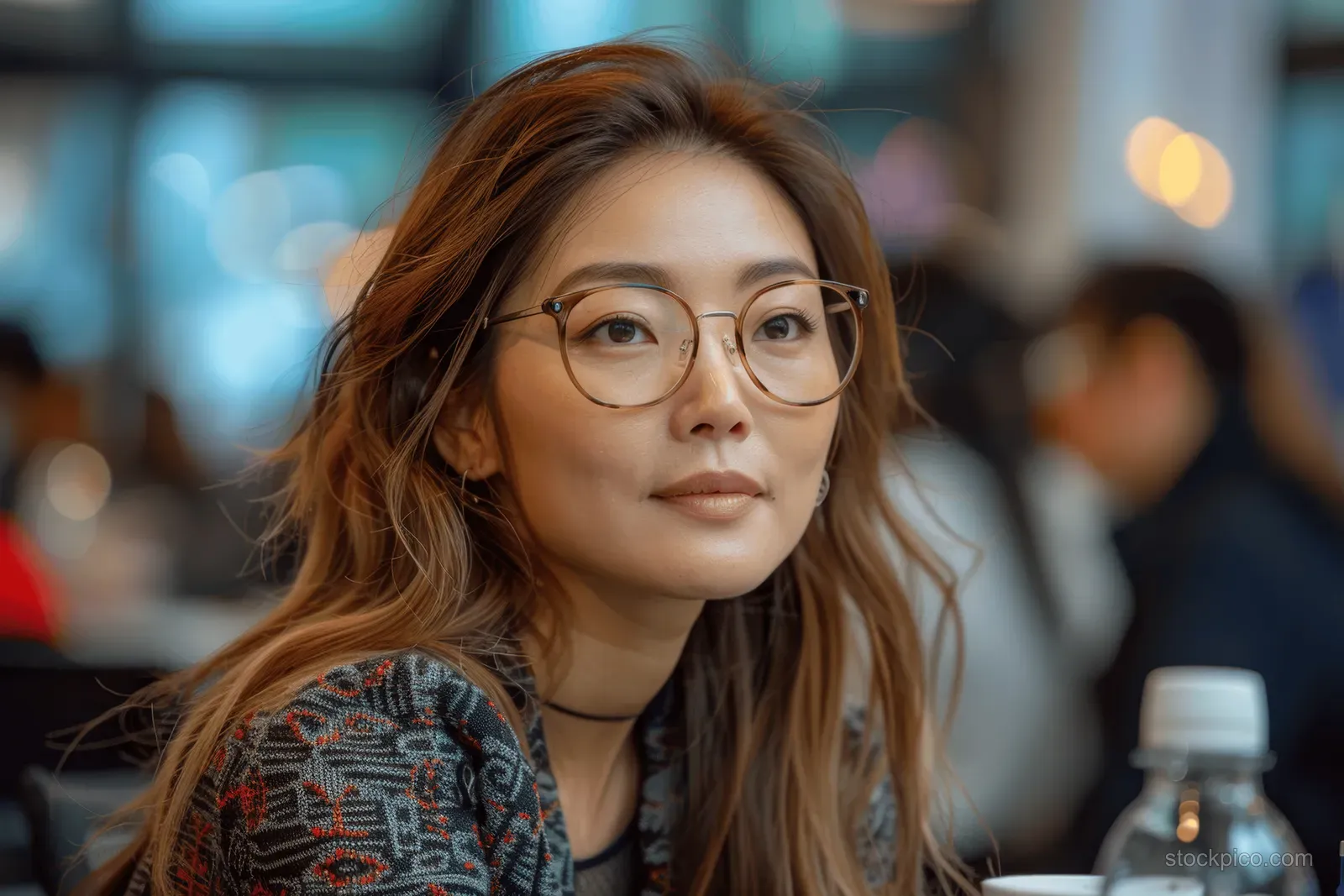 Asian businesswoman wearing glasses speaks to a team in a conference room while colleagues sit blurred behind her.