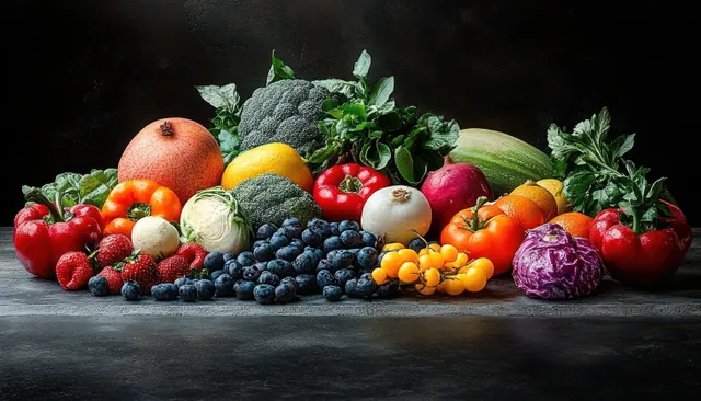 Fresh blueberries, tomatoes, peppers, cabbage, herbs, and other fruits and vegetables arranged on a dark rustic surface.