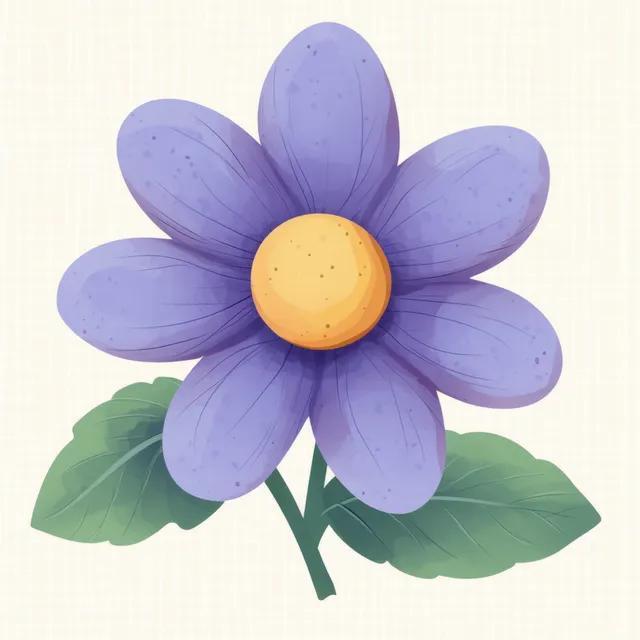 Single purple flower with yellow center and green leaves, illustrated on a light textured background