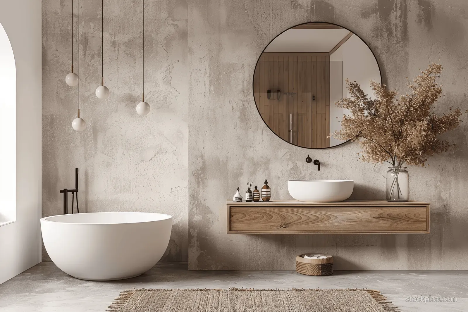 A serene modern minimalist bathroom showcases a round tub, wood vanity, and sculptural pendant lights in neutral tones.