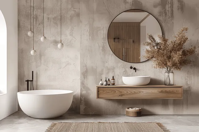 A serene modern minimalist bathroom showcases a round tub, wood vanity, and sculptural pendant lights in neutral tones.