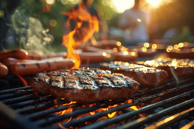 Sizzling steak on a backyard grill with glowing flames at sunset