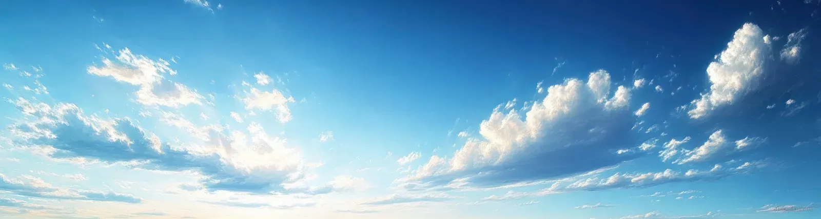 Fluffy white clouds drift across a bright blue sky as sunlight glows near the horizon.