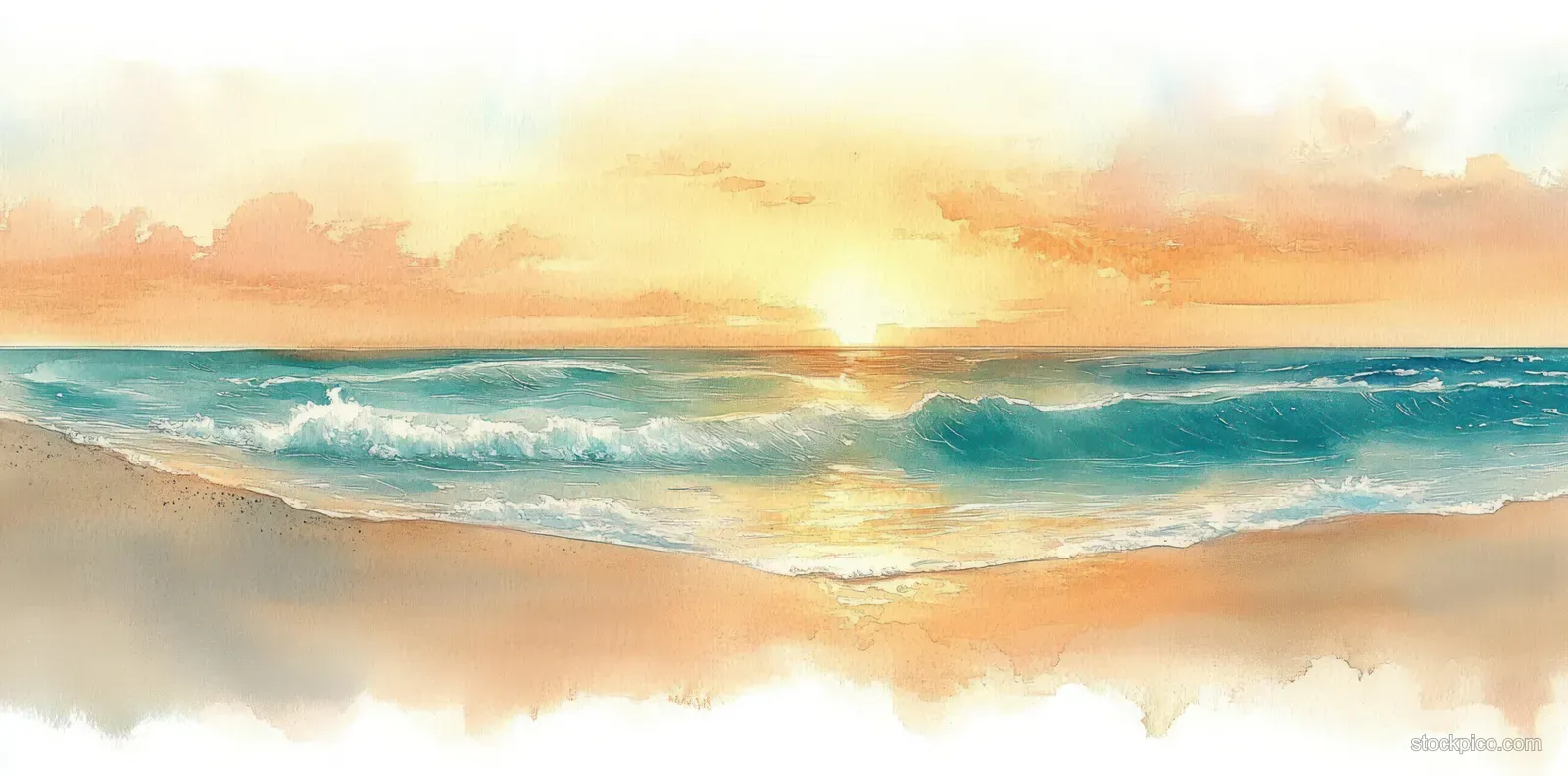 Watercolor seascape of gentle waves and a sandy beach under a bright sunrise sky.