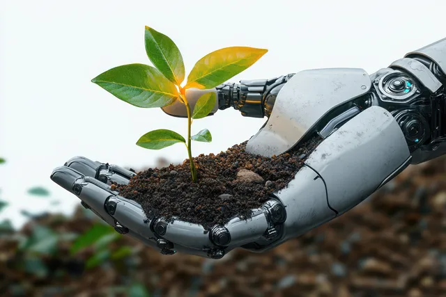 Robotic gripper holds soil as a small green seedling sprouts from the ground.