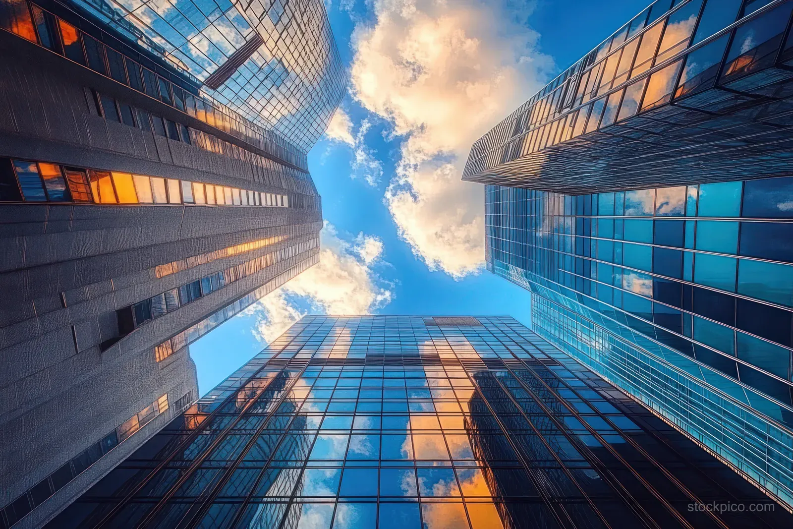 Low-angle view of glass skyscrapers reflecting blue sky and clouds under bright daylight.