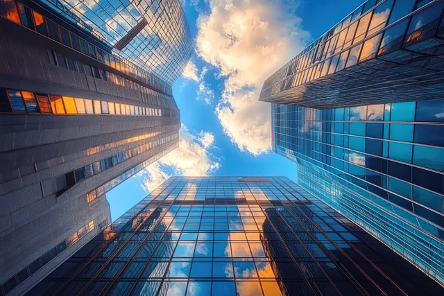 Upward view of glass skyscrapers reflecting blue sky and clouds in bright daylight