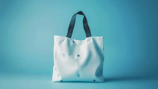 Blank white tote bag mockup isolated on light blue background with patterned handles