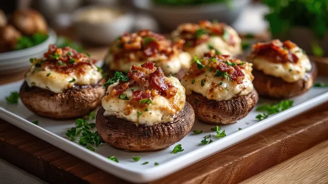 Stuffed mushrooms on a white platter topped with creamy cheese, bacon bits, and parsley garnish.