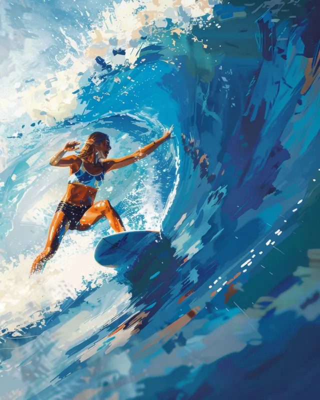 A female surfer rides a curling blue wave on a shortboard, with spray and sunlight in the background.