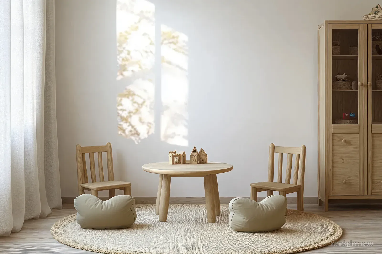 Minimalist children’s playroom with a round table, heart-shaped chairs, and soft sunlight through sheer curtains.