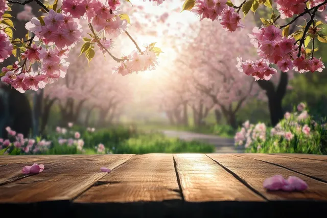 Sunlit wooden table before blooming pink cherry blossoms with petals and soft garden path