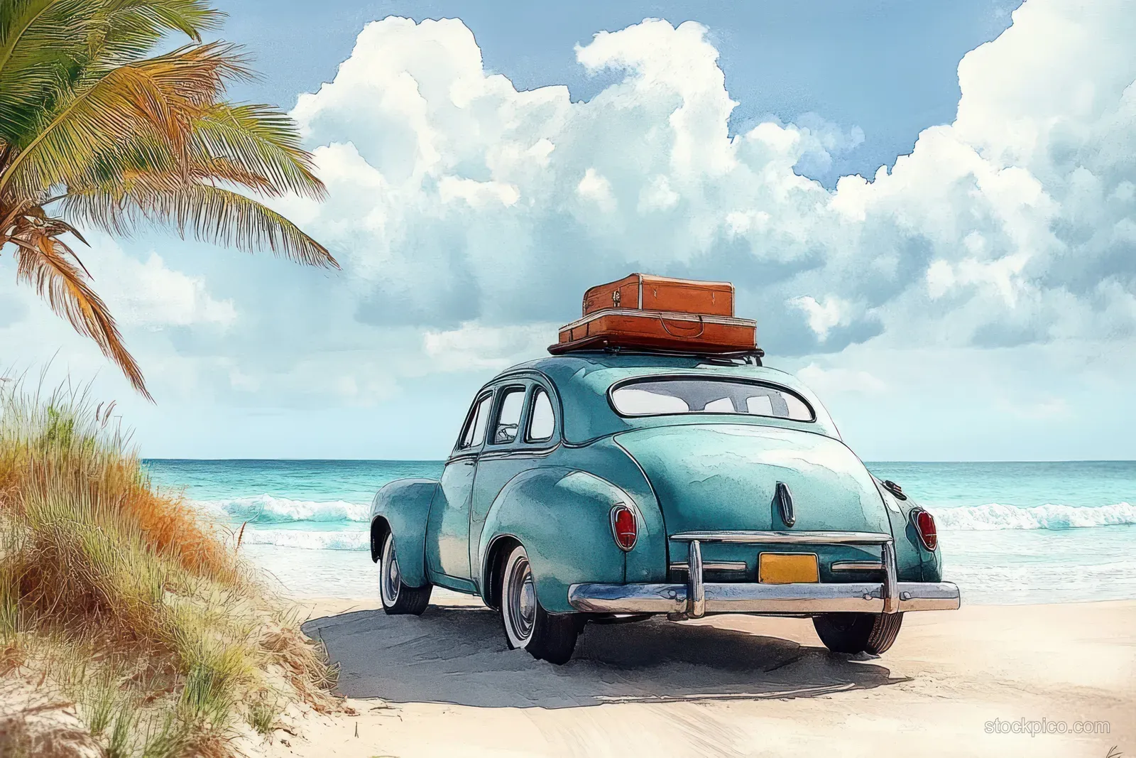 A vintage blue car with rooftop luggage drives along a sandy beach toward the ocean horizon.